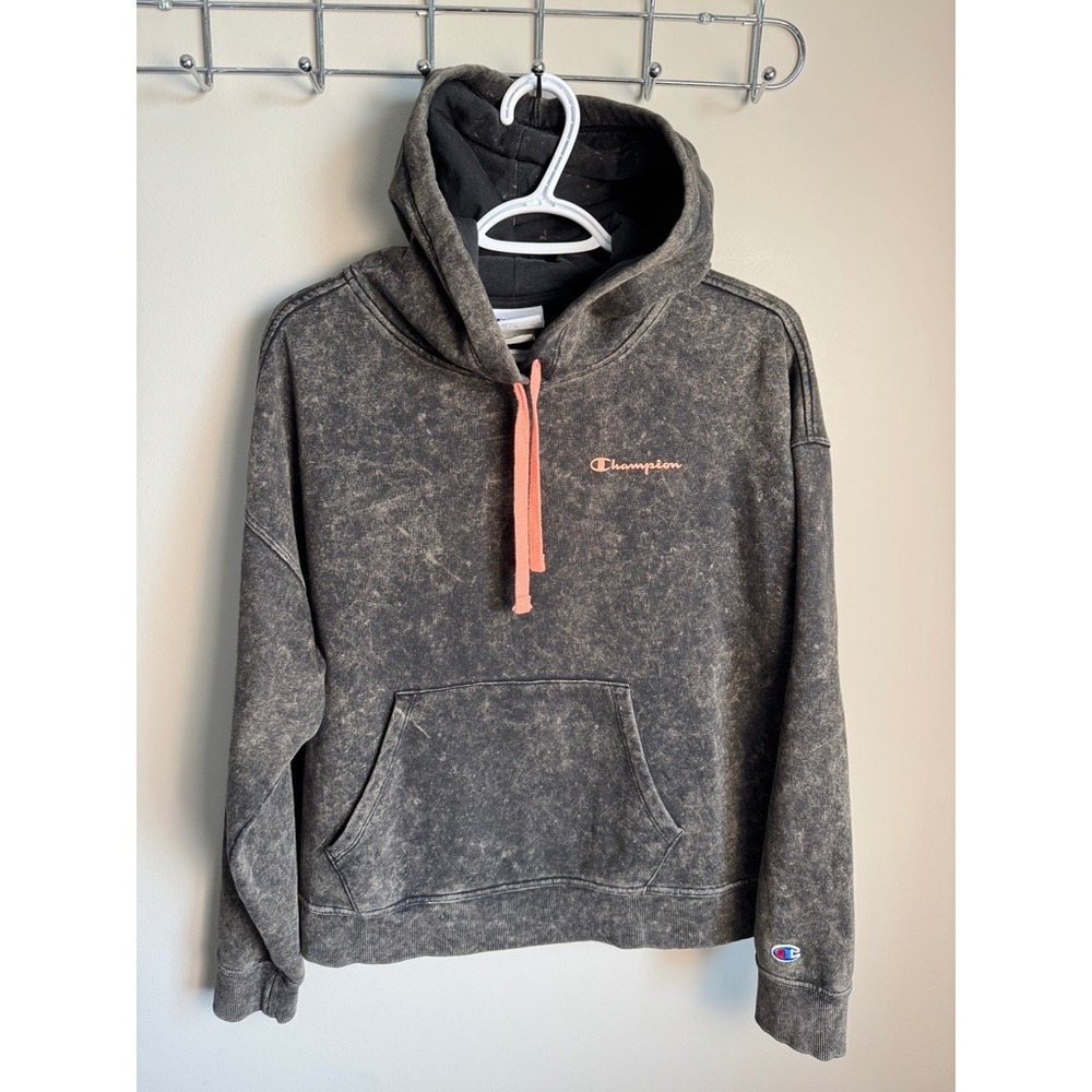 Champion Womens Black Acid Wash Fleece Hoodie M Streetwear Sporty Casual Coz